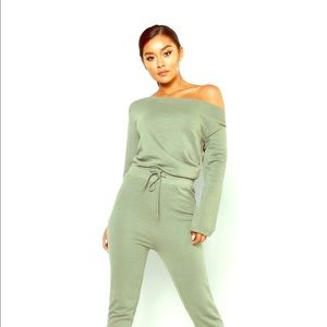 Boohoo Bardot Sweat Jumpsuit Green